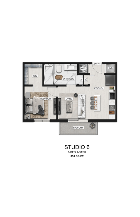 Floor plan for studio, 1 bath, 535 sqft